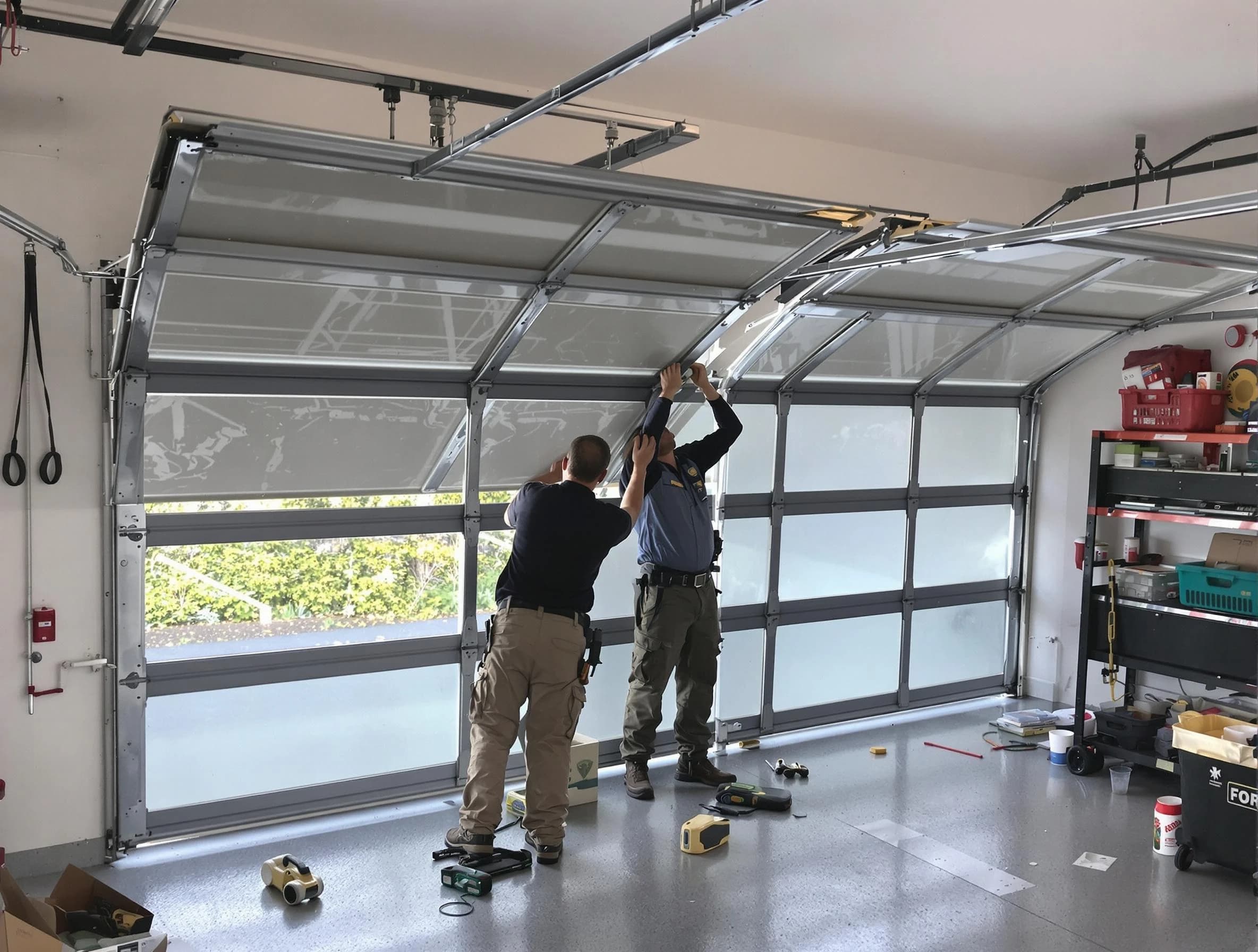 Center Point Garage Door Repair expert performing precise panel replacement on Center Point garage door