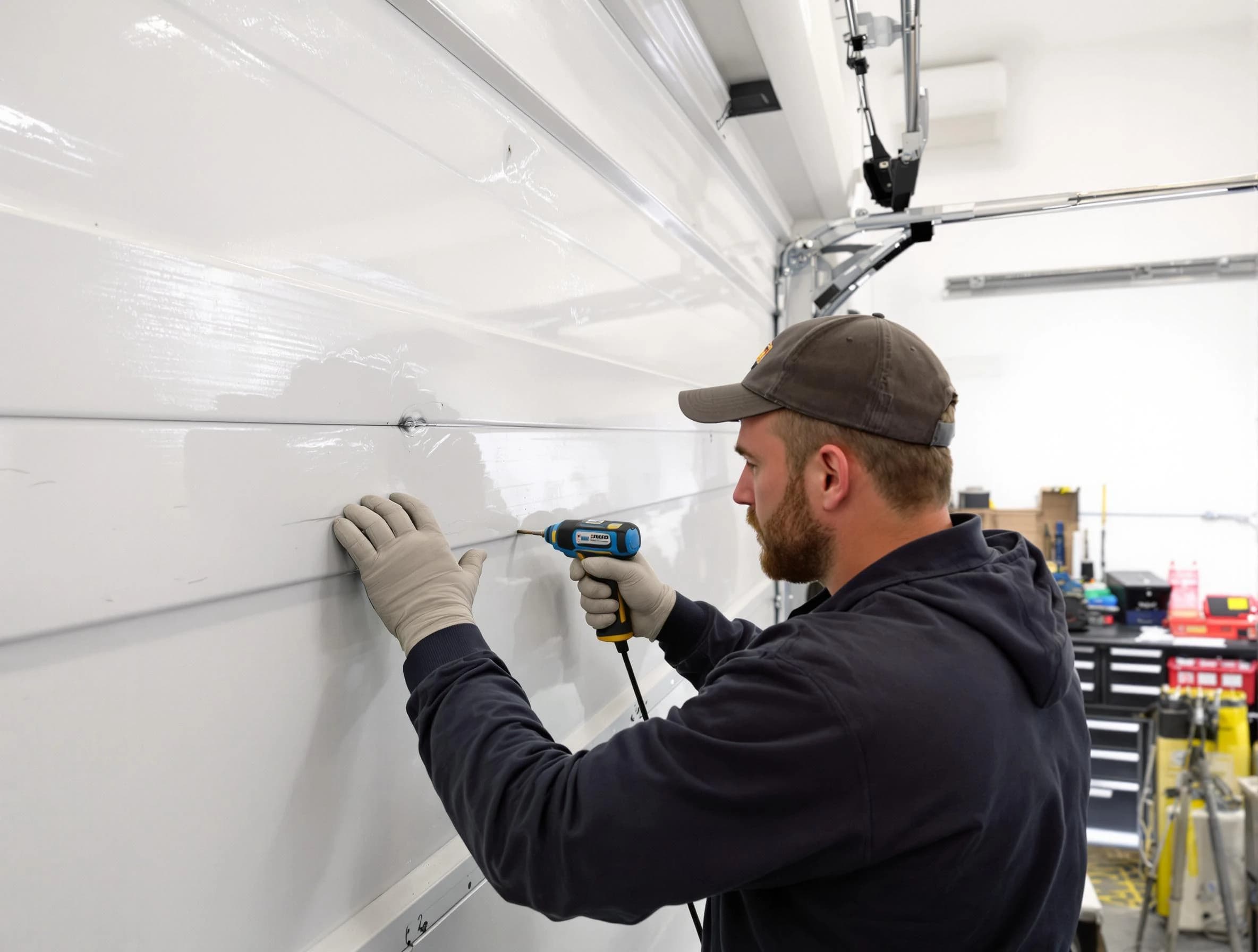 Center Point Garage Door Repair technician demonstrating precision dent removal techniques on a Center Point garage door